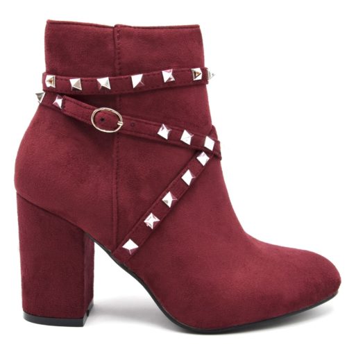Ankle boots-boots-effect-suede-with-heel-square-and-flanges-studs-pyramid-Metal-Silver-Bordeaux