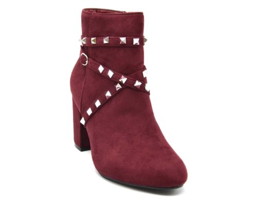 Bottines-Boots-Effet-Daim-avec-Talon-Carre-et-Brides-Clous-Pyramide-Metal-Argente-Bordeaux