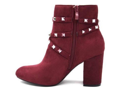 Bottines-Boots-Effet-Daim-avec-Talon-Carre-et-Brides-Clous-Pyramide-Metal-Argente-Bordeaux