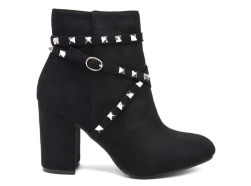 Bottines-Boots-Effet-Daim-avec-Talon-Carre-et-Brides-Clous-Pyramide-Metal-Argente-Noir