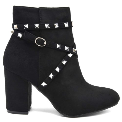 Bottines-Boots-Effet-Daim-avec-Talon-Carre-et-Brides-Clous-Pyramide-Metal-Argente-Noir