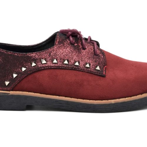 Derbies-Effet-Daim-et-Tissu-Paillettes-avec-Clous-Pyramide-Metal-Gris-Bordeaux