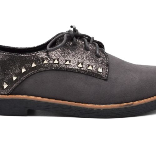 Derbies-Effet-Daim-et-Tissu-Paillettes-avec-Clous-Pyramide-Metal-Gris-Gris-Fonce