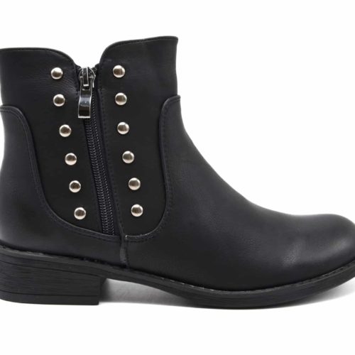 Bottines-Boots-Plates-Simili-Cuir-avec-Clous-Metal-Argente-et-Double-Fermeture-Zip-Noir