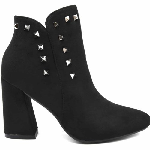 Bottines-Boots-Effet-Daim-Bout-Pointu-avec-Talon-Carre-et-Clous-Pyramide-Metal-Gris-Noir