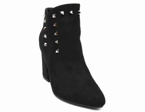 Bottines-Boots-Effet-Daim-Bout-Pointu-avec-Talon-Carre-et-Clous-Pyramide-Metal-Gris-Noir