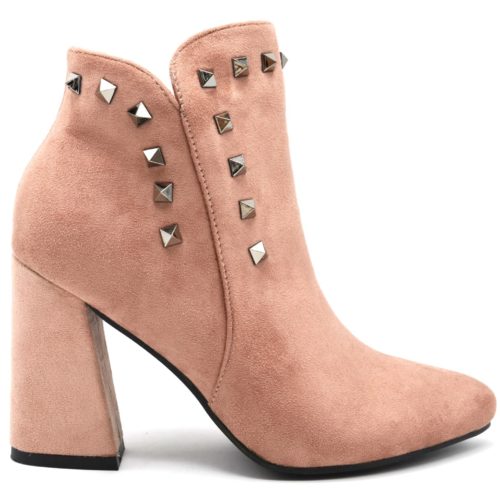 Bottines-Boots-Effet-Daim-Bout-Pointu-avec-Talon-Carre-et-Clous-Pyramide-Metal-Gris-Rose