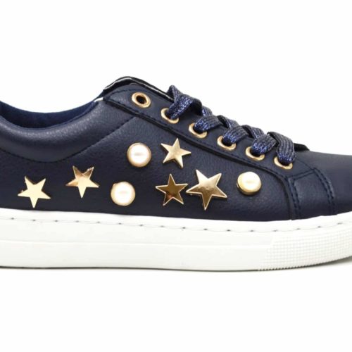Sneakers-Tennis-sneakers-imitation-leather-with-beads-Ecru-and-nails-Stars-Metal-Dore-blue-Navy