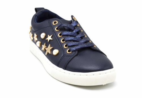 Baskets-Tennis-Sneakers-Simili-Cuir-avec-Perles-Ecru-et-Clous-Etoiles-Metal-Dore-Bleu-Marine