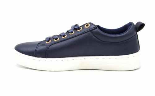 Baskets-Tennis-Sneakers-Simili-Cuir-avec-Perles-Ecru-et-Clous-Etoiles-Metal-Dore-Bleu-Marine