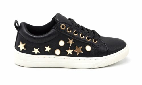 Baskets-Tennis-Sneakers-Simili-Cuir-avec-Perles-Ecru-et-Clous-Etoiles-Metal-Dore-Noir