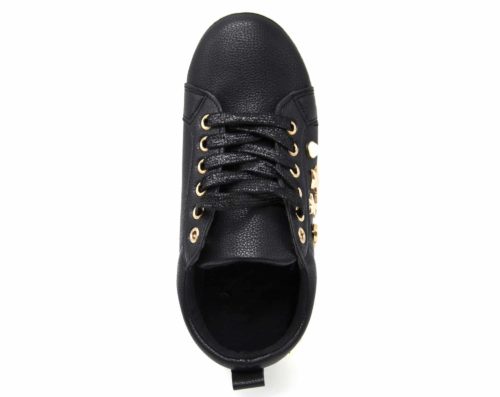 Baskets-Tennis-Sneakers-Simili-Cuir-avec-Perles-Ecru-et-Clous-Etoiles-Metal-Dore-Noir