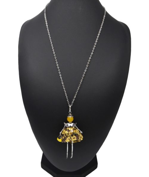 Sautoir-Collier-Pendentif-Poupee-Articulee-Femme-Robe-Sequins-Dore-avec-Ailes-Metal