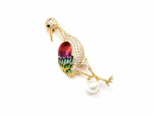 Broche-Epingle-avec-Cigogne-Strass-Dore-Metal-Multicolore-et-Perle-Ecru