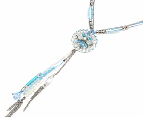 Collier-Double-Cordons-et-Pendentif-Y-Cercle-Pierres-Chaines-et-Perles-Bleu