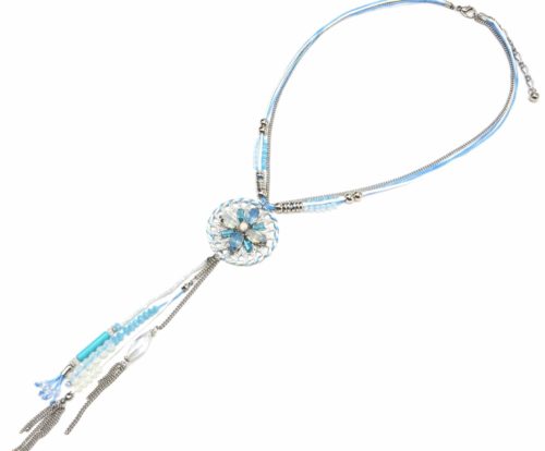 Collier-Double-Cordons-et-Pendentif-Y-Cercle-Pierres-Chaines-et-Perles-Bleu