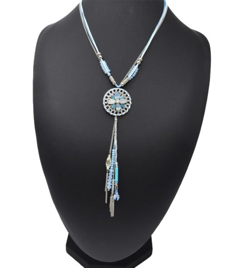 Collier-Double-Cordons-et-Pendentif-Y-Cercle-Pierres-Chaines-et-Perles-Bleu