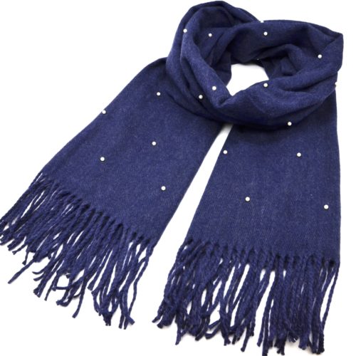 Scarf-long-wool-China-united-with-Mini-beads-and-fringes-blue-Navy