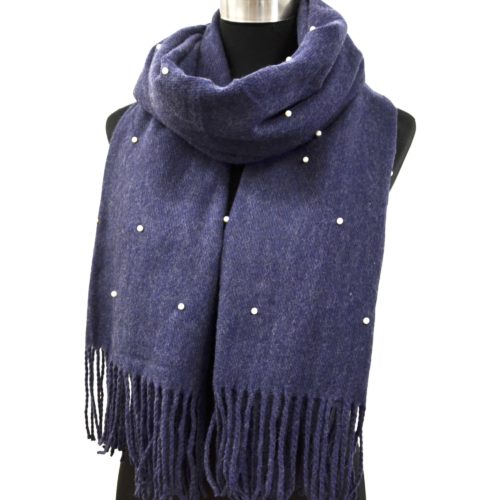 Scarf-long-wool-China-united-with-Mini-beads-and-fringes-blue-Navy