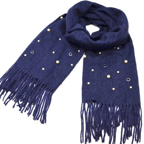 Scarf-long-wool-China-united-with-Multi-beads-carnations-and-fringes-blue-Navy