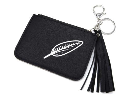 Porte-Cles-Bijou-de-Sac-Porte-Monnaie-Simili-Cuir-Motif-Feuille-avec-Pompon-Noir