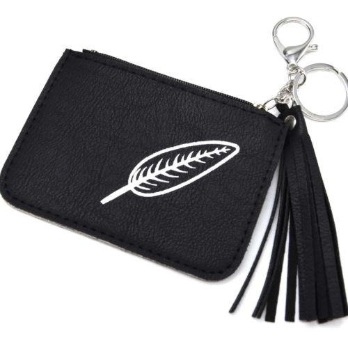 Porte-Cles-Bijou-de-Sac-Porte-Monnaie-Simili-Cuir-Motif-Feuille-avec-Pompon-Noir