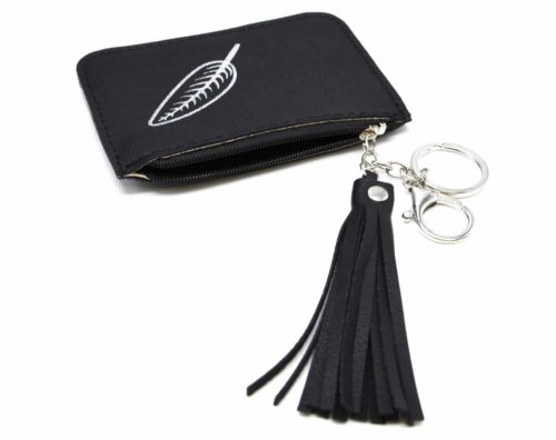 Porte-Cles-Bijou-de-Sac-Porte-Monnaie-Simili-Cuir-Motif-Feuille-avec-Pompon-Noir