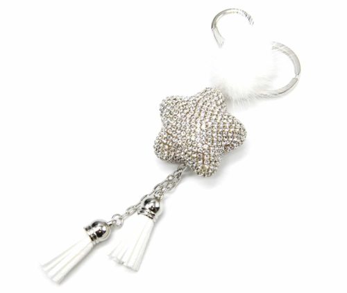 Porte-Cles-Bijou-de-Sac-Etoile-Strass-avec-Fourrure-et-Pompons-Franges-Blanc