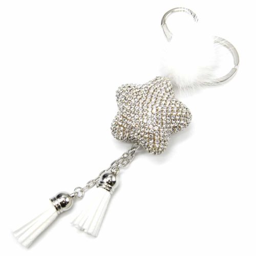 Porte-Cles-Bijou-de-Sac-Etoile-Strass-avec-Fourrure-et-Pompons-Franges-Blanc