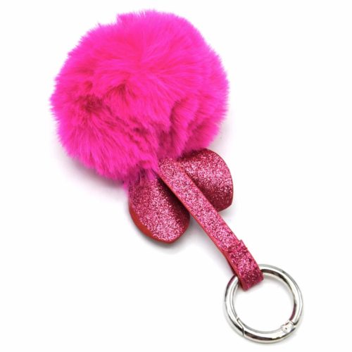 Porte-Cles-Bijou-de-Sac-Lapin-Oreilles-et-Bande-Paillettes-avec-Pompon-Fuchsia