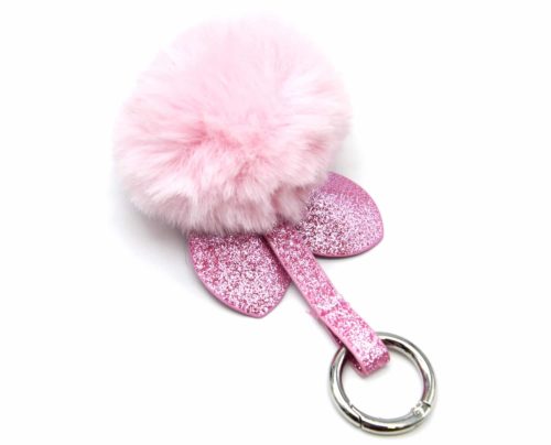 Porte-Cles-Bijou-de-Sac-Lapin-Oreilles-et-Bande-Paillettes-avec-Pompon-Fourrure-Rose