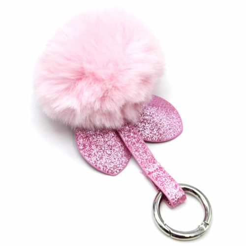 Porte-Cles-Bijou-de-Sac-Lapin-Oreilles-et-Bande-Paillettes-avec-Pompon-Fourrure-Rose