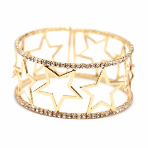 Bracelet-Manchette-Ouverte-Multi-Etoiles-Metal-Dore-et-Contour-Strass