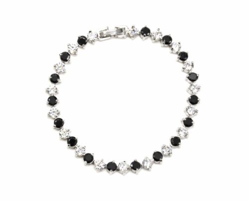 Bracelet-Gourmette-Pierres-Rondes-Zirconium-NoirBlanc-et-Metal-Argente