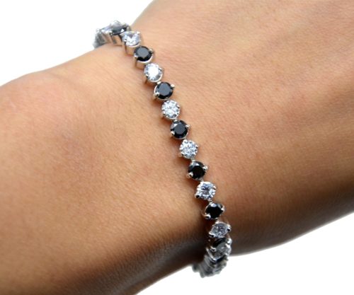 Bracelet-Gourmette-Pierres-Rondes-Zirconium-NoirBlanc-et-Metal-Argente