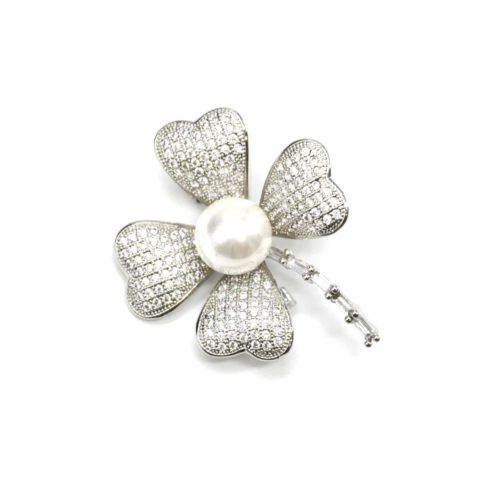 Broche-Epingle-avec-Trefle-Chance-Strass-Zirconium-Metal-Argente-et-Perle