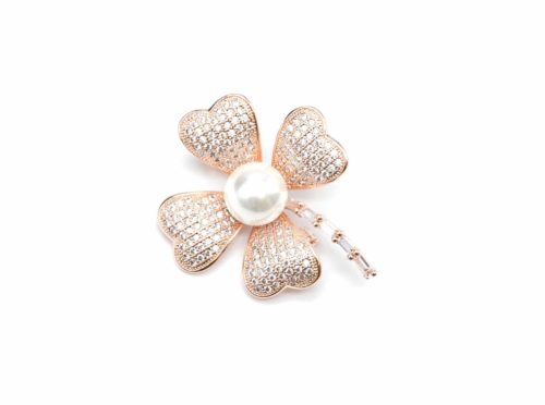 Broche-Epingle-avec-Trefle-Chance-Strass-Zirconium-Metal-Or-Rose-et-Perle