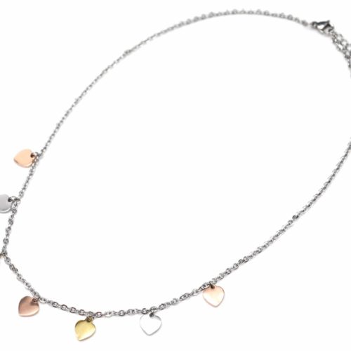 Collier-Chaine-Pendentif-Multi-Coeurs-Acier-Tricolore