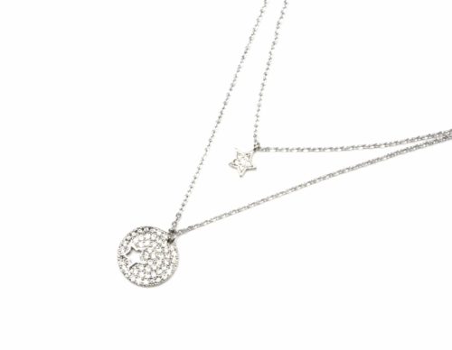 Collier-Double-Chaine-Metal-Argente-avec-Cercle-et-Etoile-Strass-Zirconium