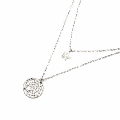 Collier-Double-Chaine-Metal-Argente-avec-Cercle-et-Etoile-Strass-Zirconium