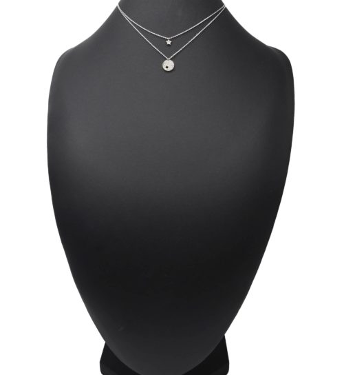 Collier-Double-Chaine-Metal-Argente-avec-Cercle-et-Etoile-Strass-Zirconium