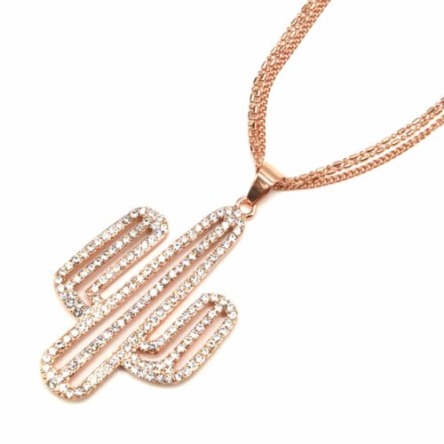 Sautoir-Collier-Multi-Chaines-Pendentif-Cactus-Strass-et-Metal-Or-Rose