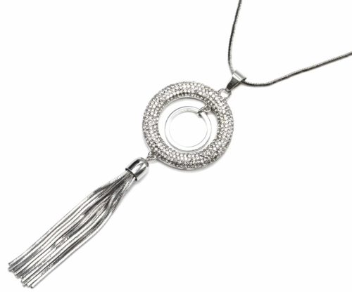 Sautoir-Collier-Pendentif-Cercle-Strass-et-Pompon-Chaines-Metal-Argente