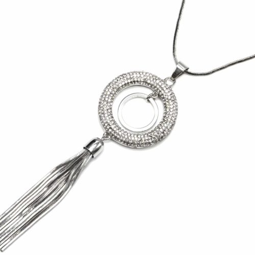 Sautoir-Collier-Pendentif-Cercle-Strass-et-Pompon-Chaines-Metal-Argente