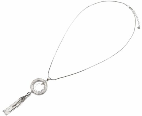 Sautoir-Collier-Pendentif-Cercle-Strass-et-Pompon-Chaines-Metal-Argente