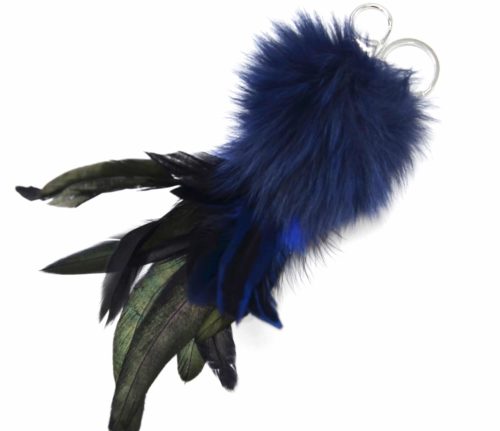 Porte-Cles-Bijou-de-Sac-Pompon-Fourrure-et-Plumes-XXL-Bleu-Marine