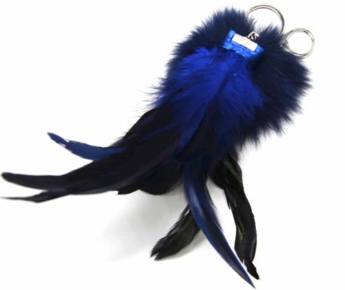 Porte-Cles-Bijou-de-Sac-Pompon-Fourrure-et-Plumes-XXL-Bleu-Marine