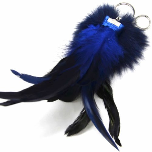 Porte-Cles-Bijou-de-Sac-Pompon-Fourrure-et-Plumes-XXL-Bleu-Marine