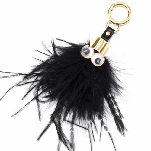 Porte-Cles-Bijou-de-Sac-Pompon-Multi-Fils-Plumes-Noir-avec-Yeux