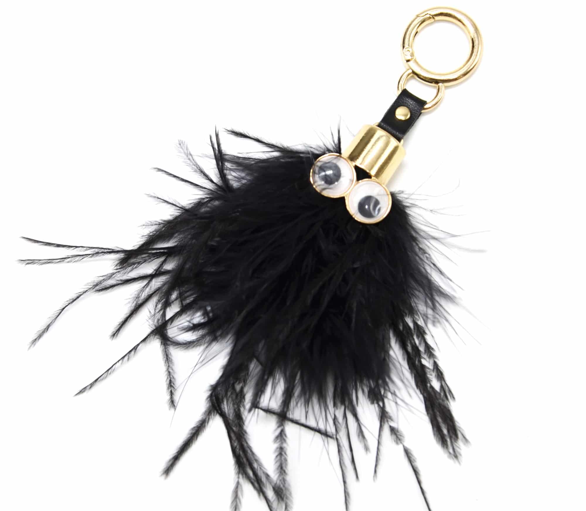 Porte-Cles-Bijou-de-Sac-Pompon-Multi-Fils-Plumes-Noir-avec-Yeux